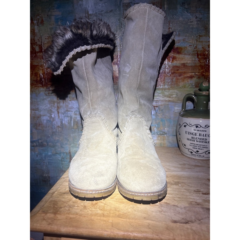 Taupe Grey Suede Tall Boots Faux Fur Trim Whipstitch Lug Sole Round Toe Mid-Calf